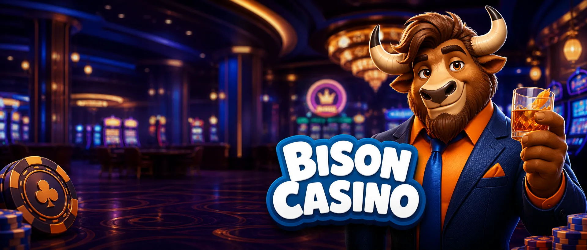 Promotional banner of Bison Casino with anthropomorphic bison mascot in a casino setting, featuring logo and stylish attire.