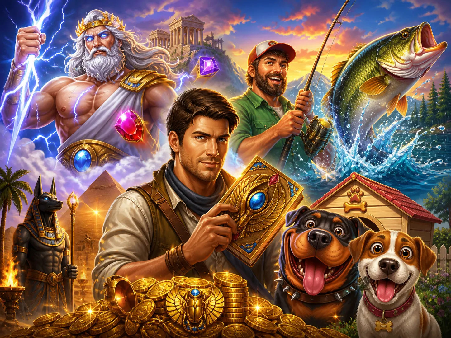 Promotional artwork depicting rich slot game visuals, featuring vibrant characters and dynamic environments.