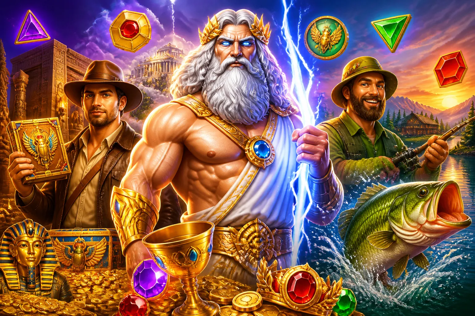 Cinematic colorful slot game artwork featuring vibrant characters and fantasy elements from Bison Casino games.